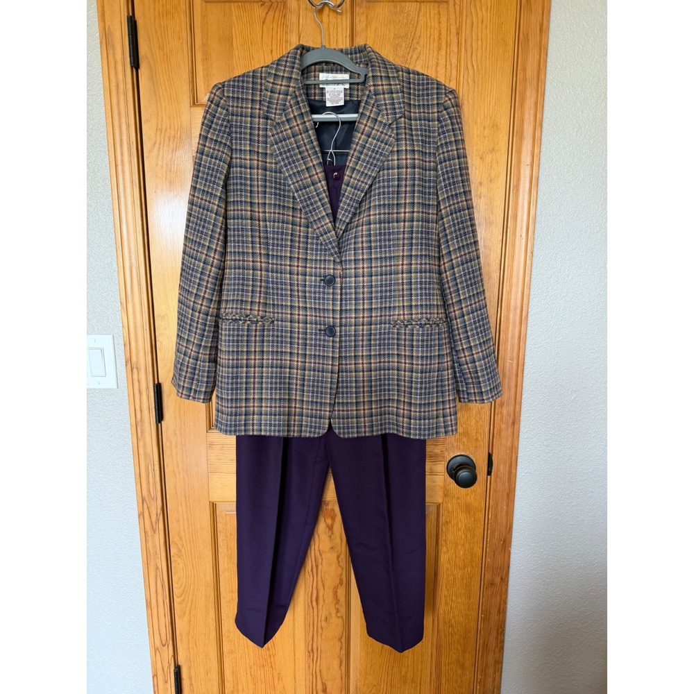 Vintage Worthington Plaid Blazer and Purple Pants Suit Set Womens 14 Wool Blend